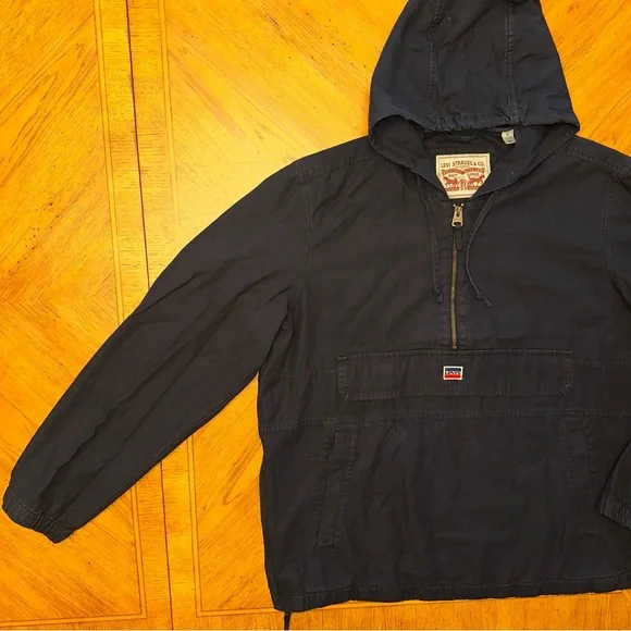 Levis Denim Pullover Hoodie Jacket Men’s Size XL Navy Y2K 1/2 Zip Logo Sleeves - Picture 6 of 15